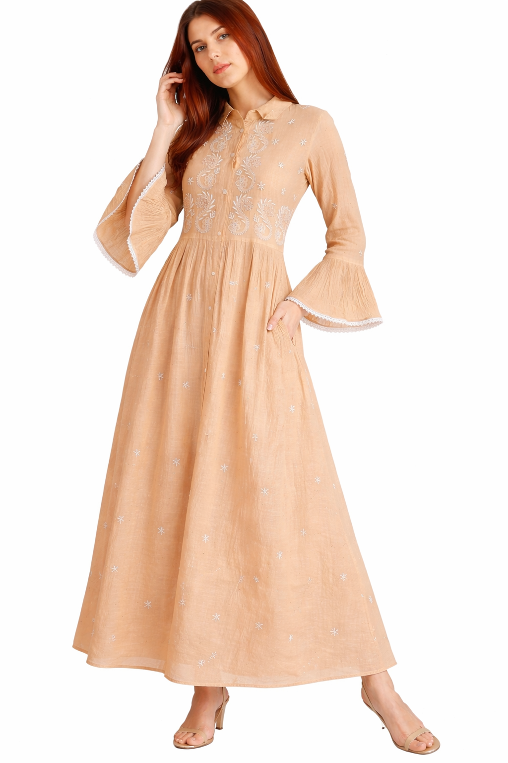 Peach Embroidered A-Line Kurta Dress with Bell Sleeves