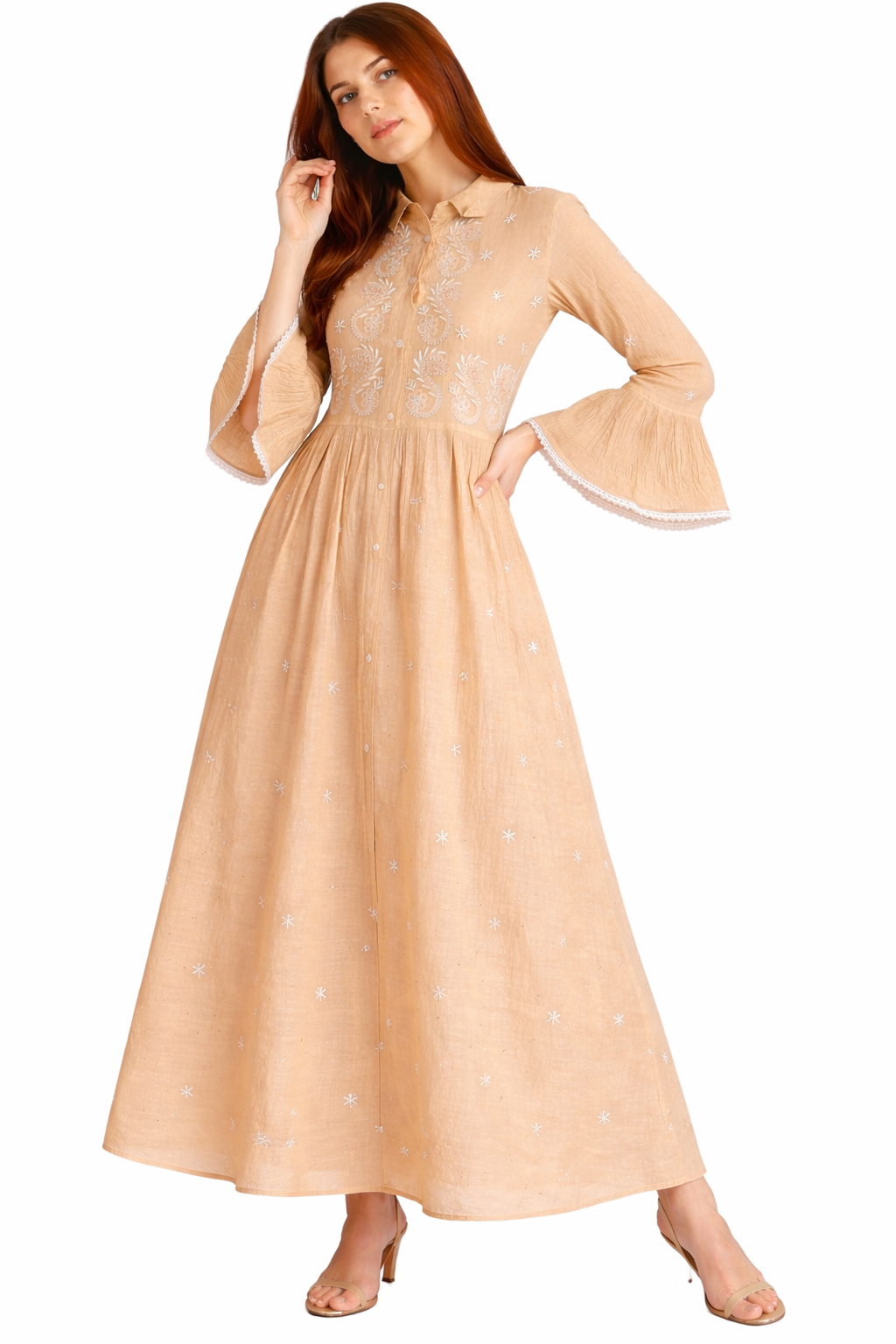 Peach Embroidered A-Line Kurta Dress with Bell Sleeves