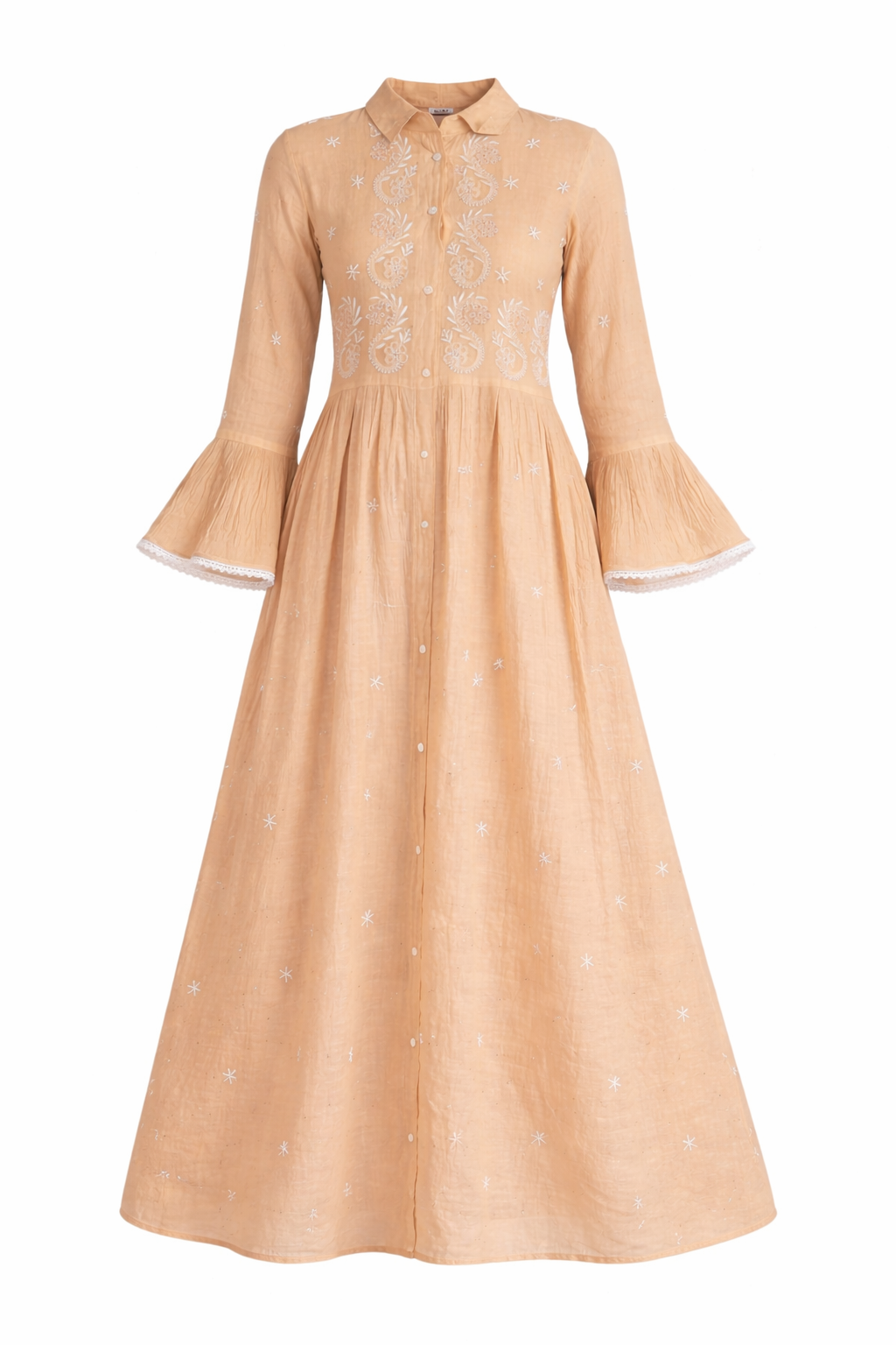 Peach Embroidered A-Line Kurta Dress with Bell Sleeves