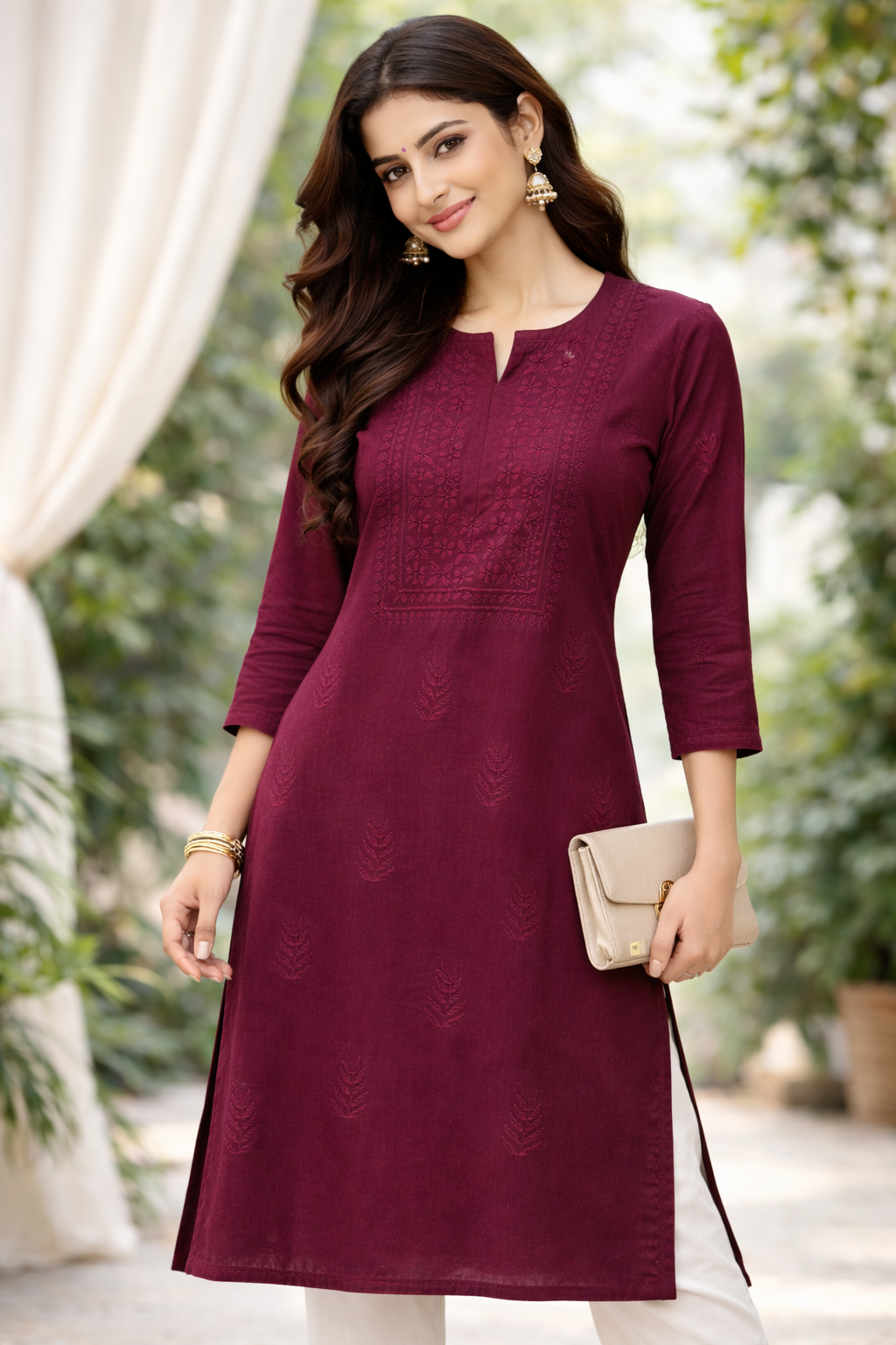Burgundy Embroidered Straight Kurti